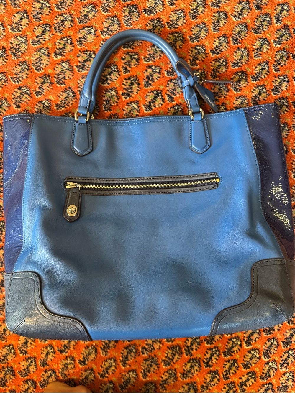 Coach Blue Leather Tote with Navy Patent Side Panels